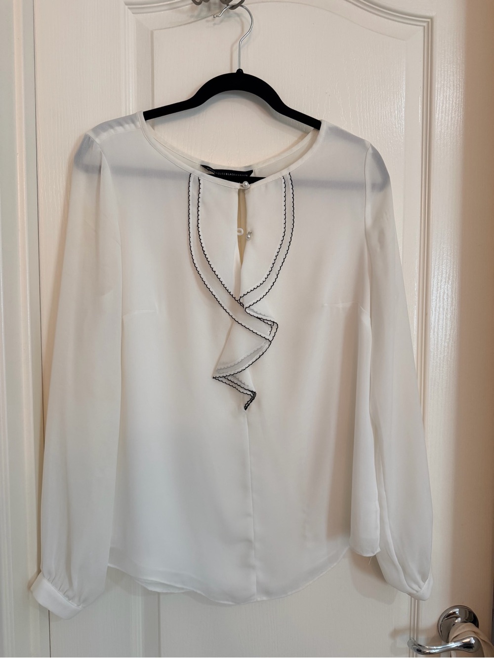 White House Black Market Ivory Ruffle-Front Sheer Blous